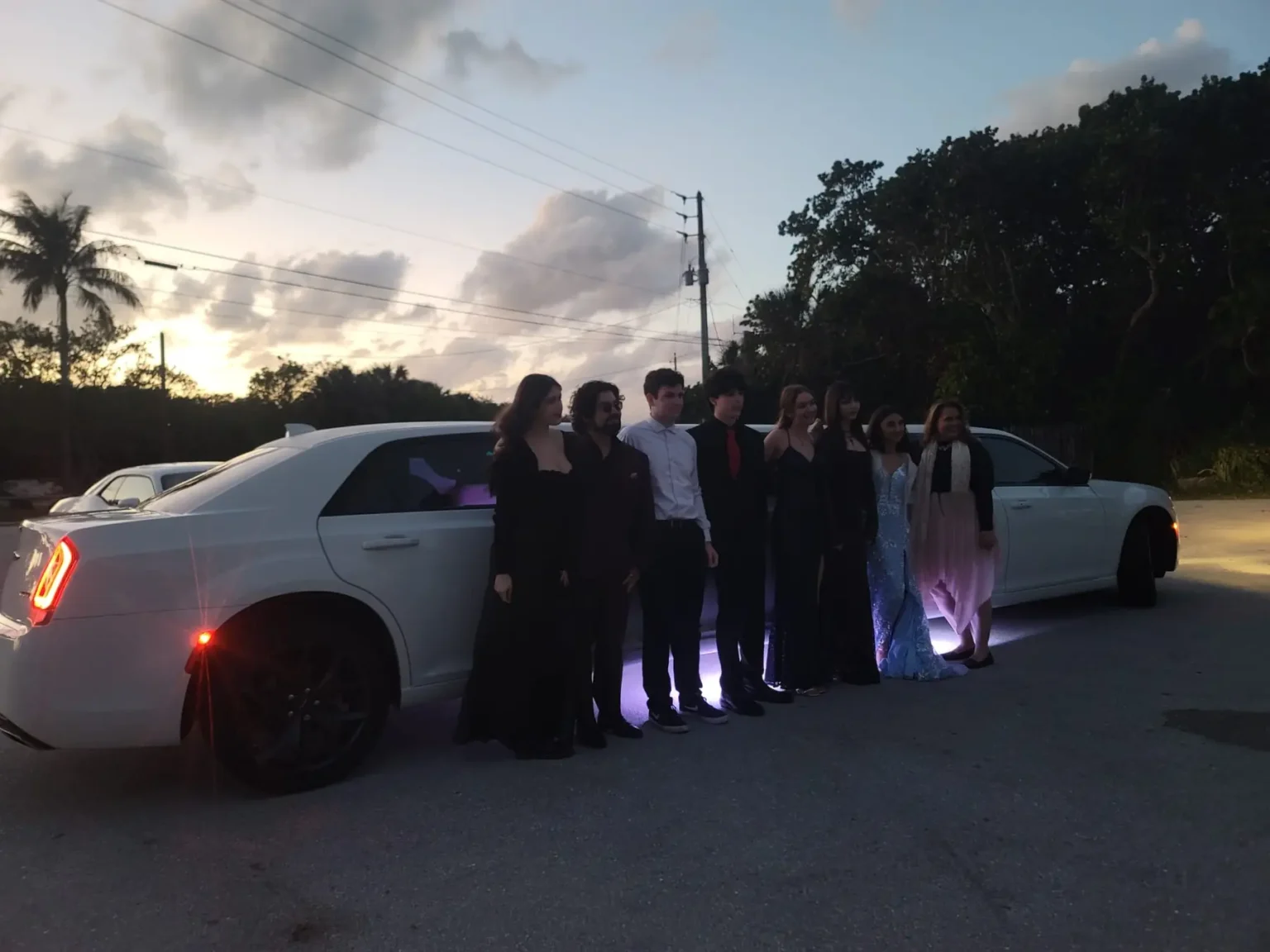 Group in formal attire beside a white limousine at dusk